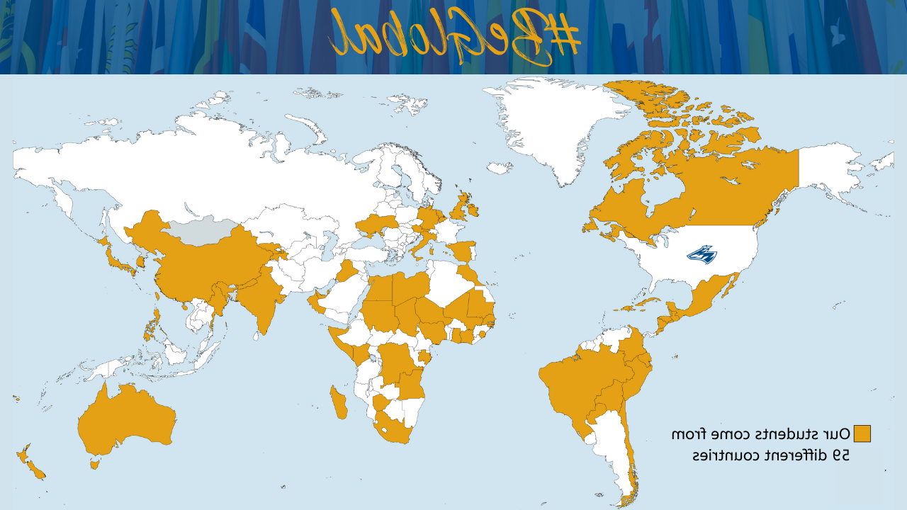 World map showing all 59 countries that bet36365体育 students come from.  Some of these include World map showing all 59 countries that bet36365体育 students come from.  Some of these include Spain, El Salvador, 加拿大, 阿曼, 危地马拉, 韩国, 古巴, 中国, 尼泊尔, 墨西哥, 和日本